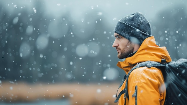 Photo man wearing yellow jacket and beanie in snowy forest during winter