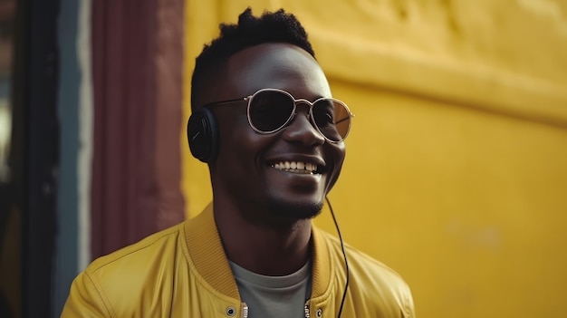 A man wearing a yellow jacket and sunglasses stands in front of a yellow wall.