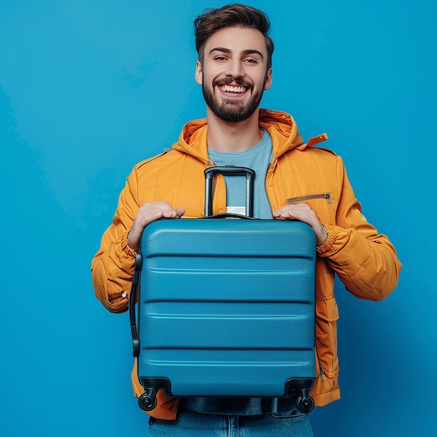 Photo a man wearing a yellow jacket that says quot he is holding a suitcase quot