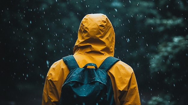 Photo a man wearing yellow raincoat walking on busy road during rainy day