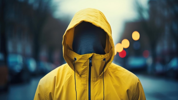 A man wearing a yellow raincoat with a hood that says'i'm not a storm '