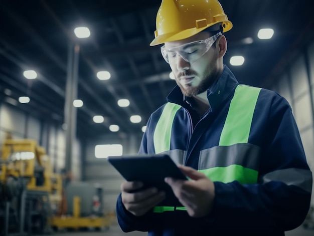 A man wearing a yellow safety vest and safety goggles looks at a tablet in a warehouse.