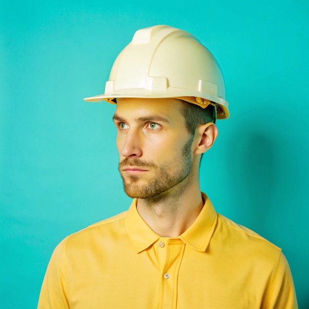 Photo a man wearing a yellow shirt that says quot he is wearing a hard hat quot