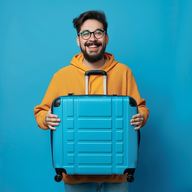 a man wearing a yellow sweatshirt with a blue suitcase in front of him