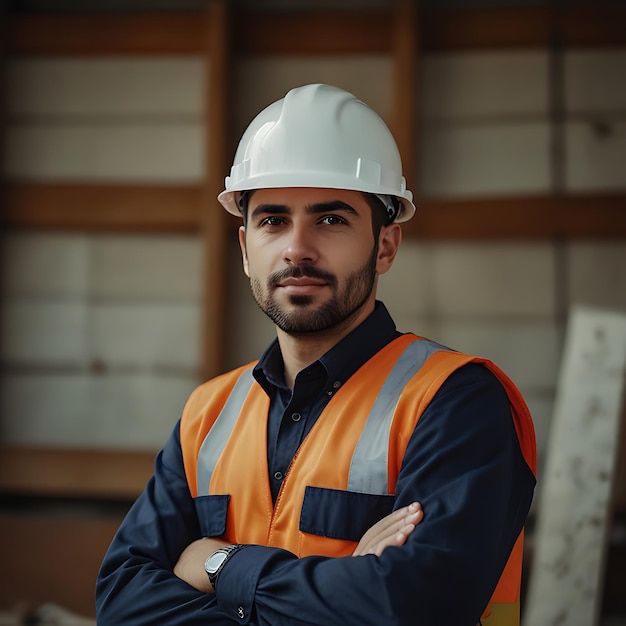 a man wearing a yellow vest stands in front of a construction site