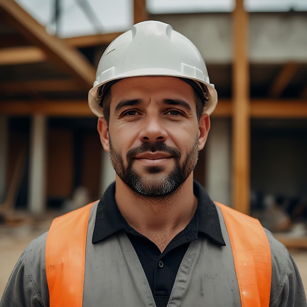 a man wearing a yellow vest stands in front of a construction site