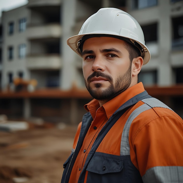 a man wearing a yellow vest stands in front of a construction site