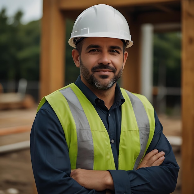 a man wearing a yellow vest stands in front of a construction site