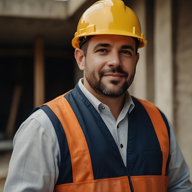 a man wearing a yellow vest stands in front of a construction site