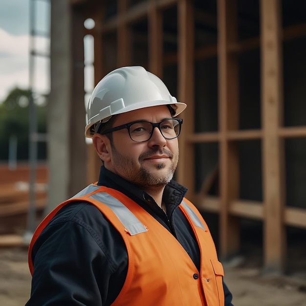 a man wearing a yellow vest stands in front of a construction site