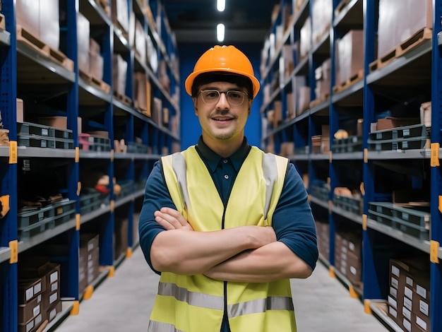 a man wearing a yellow vest stands in a warehouse with his arms crossed