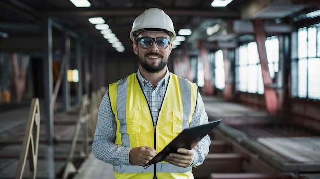 a man wearing a yellow vest and sunglasses is holding a clipboard