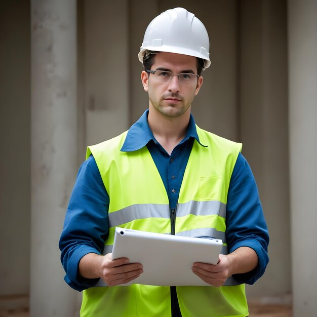 a man wearing a yellow vest with a blue shirt on holding a tablet