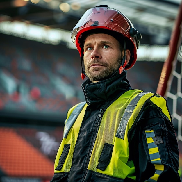 Photo a man wearing a yellow vest with the word quot goggles quot on it