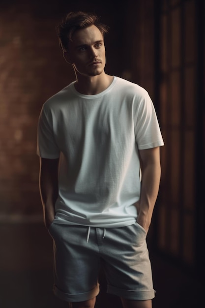 A man wears a white t - shirt with a black background.