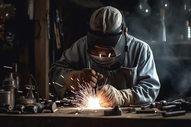 A man welder working on a piece of metal