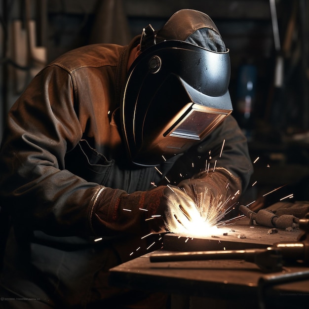 A man welder working on a piece of metal