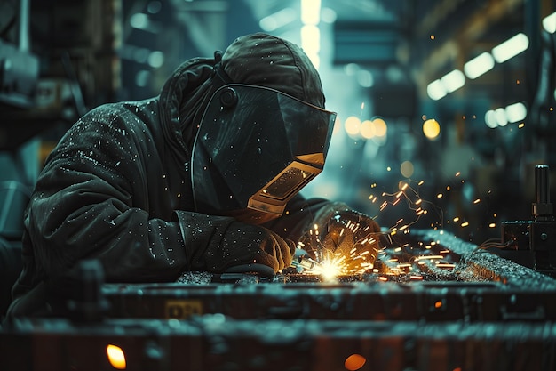 a man in a welding mask mittens cooks a metal structure of a car at factory with a welding machine