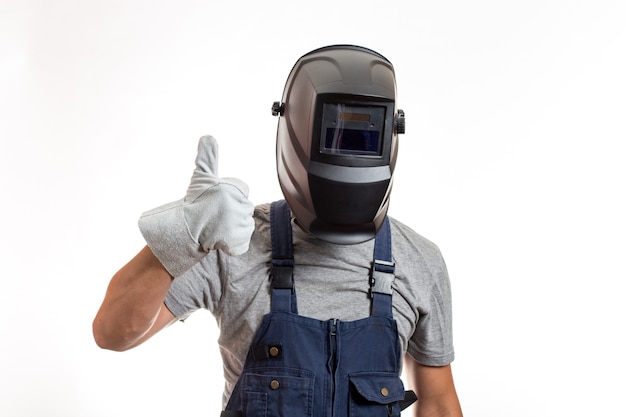 A man in a welding mask and robo-robe clothes, on a white background.