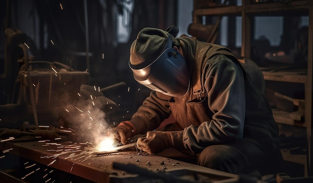 A man in a welding mask working on a piece of wood generative ai image