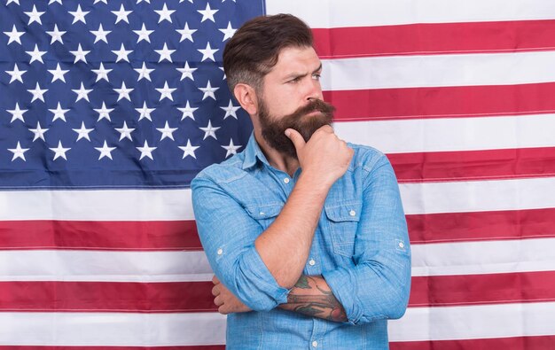 Man well groomed hipster stylish appearance american flag background life changing decision concept