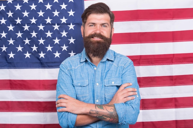 Man well groomed hipster stylish appearance american flag background modern people concept