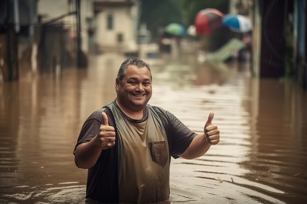 A man in a wet suit is standing in a flooded street with his thumbs up