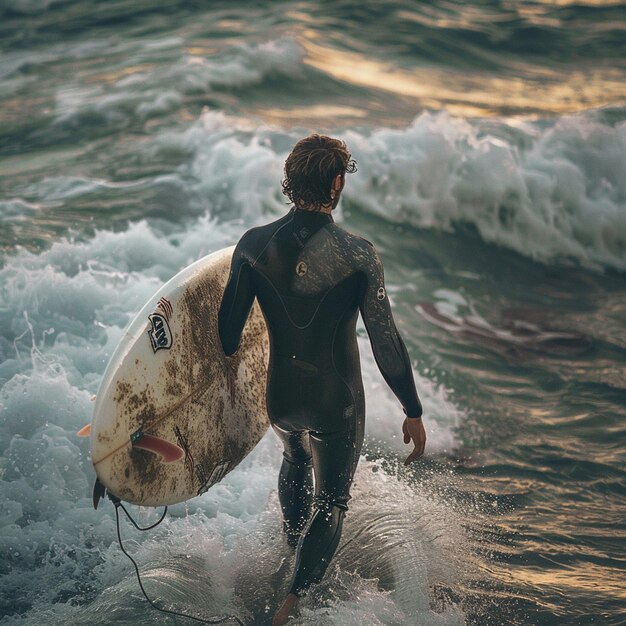 Photo a man in a wet suit is walking into the ocean with a surfboard