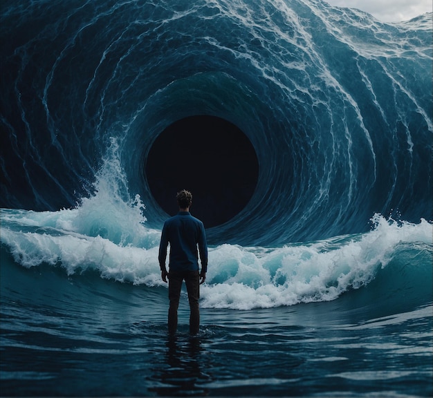 a man in a wet suit stands in the water with a wave behind him