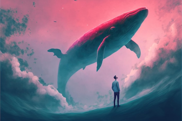 Man and a whale Outer space journey concept showing a man looking at the giant whale flying in the beautiful sky Digital art style illustration painting