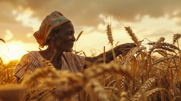 a man in a wheat field with a hat on and a yellow background of the sun behind him