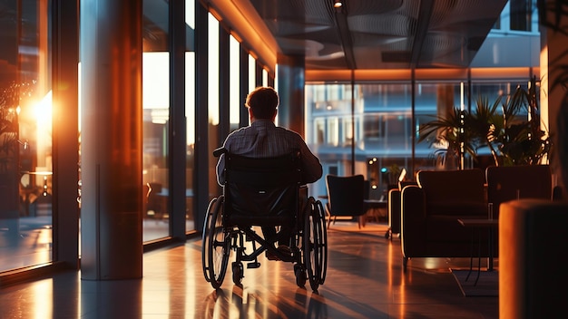 a man in a wheelchair is in a lobby with a large window