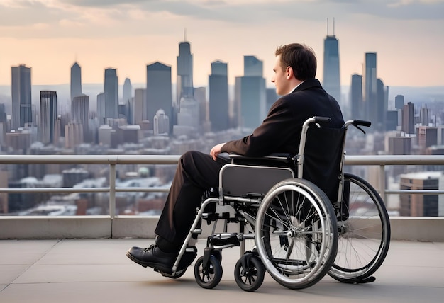 a man in a wheelchair is sitting on a balcony overlooking the city