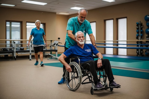 Photo a man in a wheelchair is standing in a gym with a man in a wheelchair