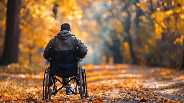 Photo a man in a wheelchair is walking in the autumn park