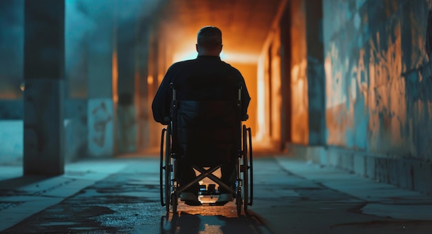 Photo a man in a wheelchair is walking down a hallway