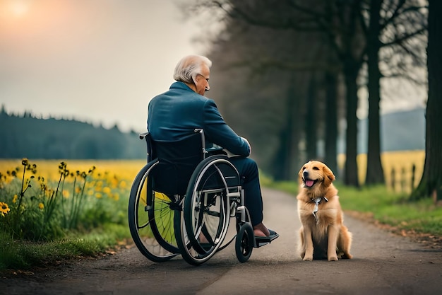 A man in a wheelchair sits with his dog on a path in front of a field of yellow flowers.