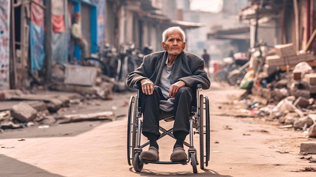 Man in a wheelchair on the street close up Generative AI