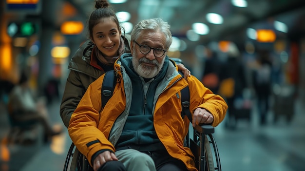 man in a wheelchair with luggage at the airport assistance service for people with disabilities at the airport