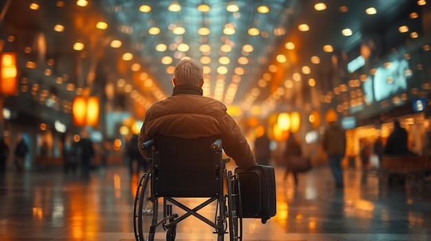 man in a wheelchair with luggage at the airport