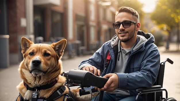 Photo a man in a wheelchair with a service dog by his side