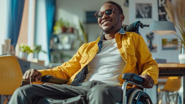 a man in a wheelchair with a tie on his lap and wearing sunglasses