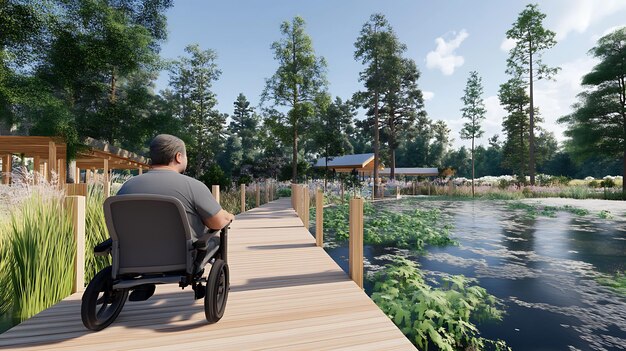 Photo man in wheelchair on a wooden pathway through a lush forest