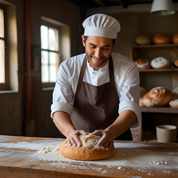 Photo a man in a white apron is making bread