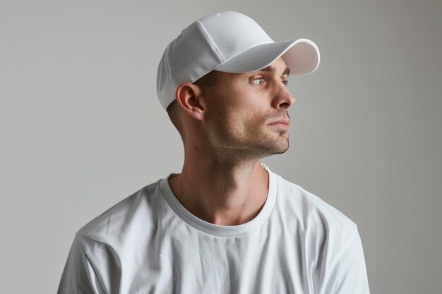 Photo man in white cap for mens apparel shoot