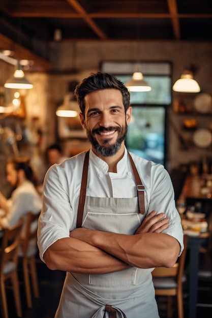 A man in a white chef's uniform stands in a restaurant with his arms crossed.