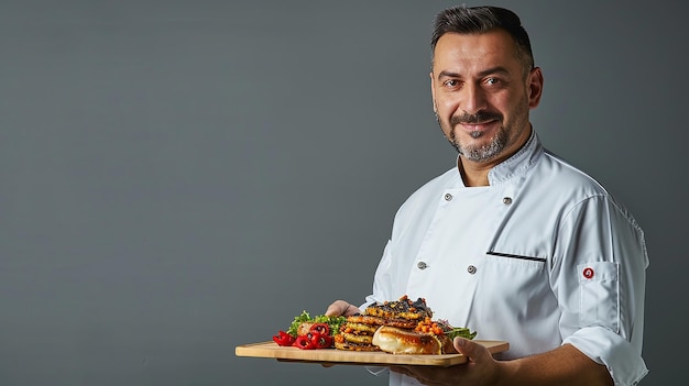 Man in a White Chefs Coat Holding a Tray