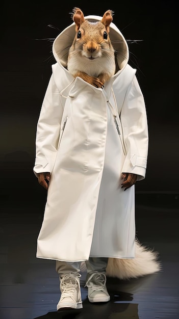 Photo a man in a white coat and a fur coat is standing in front of a black background