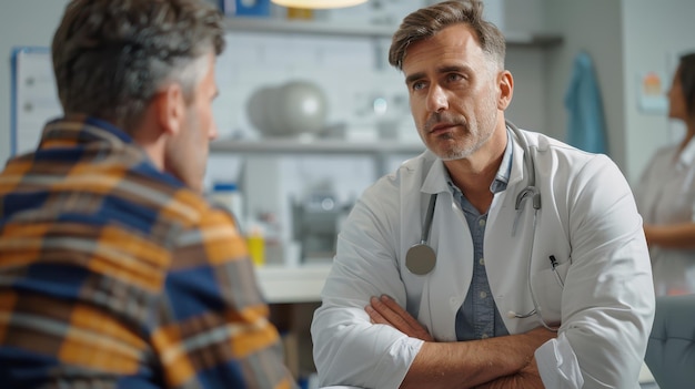 Photo a man in a white coat is talking to a man in a plaid shirt