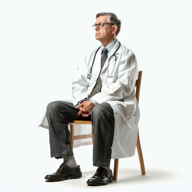 A man in a white coat sits in a wooden chair